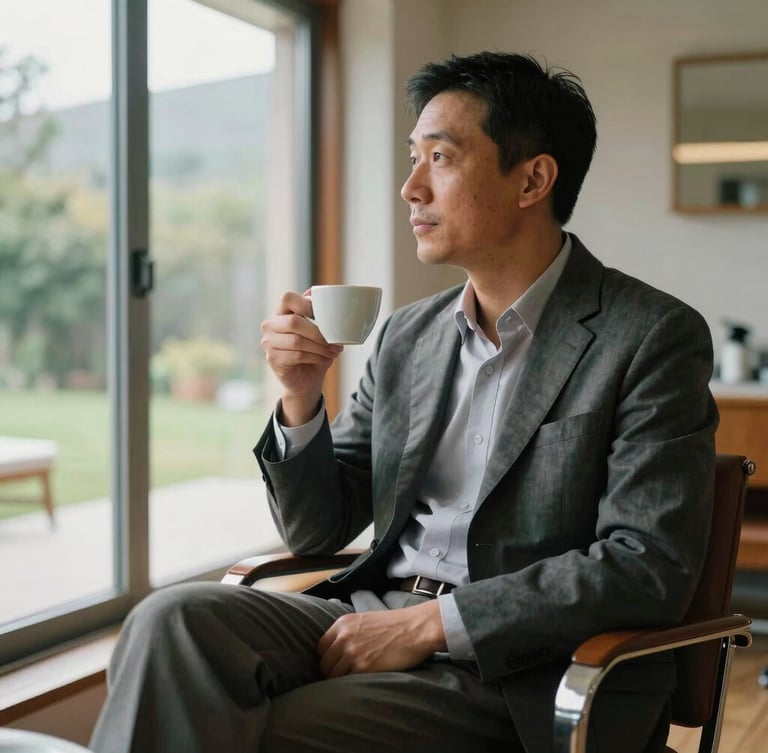 A candid, relaxed portrait of a dentist in tailored civilian clothing sitting in a mid-century modern villa, soft natural morning light, holding a ceramic espresso cup, looking thoughtfully out a large window.