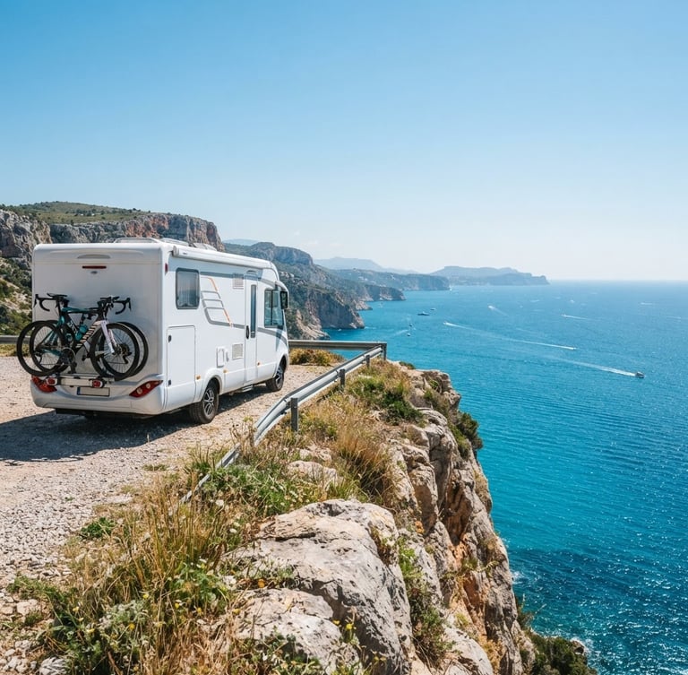 Bright editorial photography, a modern white motorhome with professional road bikes mounted on the back, parked on a high cliff overlooking the sunny Mediterranean sea, crisp daylight, 35mm.