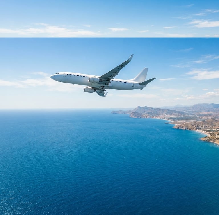 Bright editorial photo of a commercial airplane flying high above the bright blue Mediterranean Sea towards the coast of Europe, sunny daylight, 35mm.