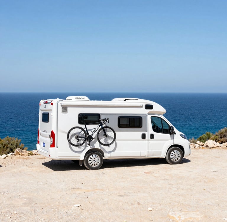 A modern white motorhome with premium road bicycles mounted on the back, parked on a sunny cliff overlooking the deep blue Mediterranean Sea in Spain.