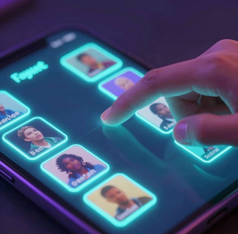 Extreme close-up of fingers interacting with a glowing neon touchscreen displaying a high-fidelity casual game interface, dark studio environment.