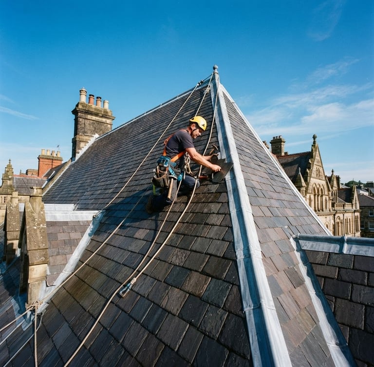 Low-angle architectural shot of a worker safely secured on a steep slate roof under bright morning sun, rich slate and zinc tones, 35mm