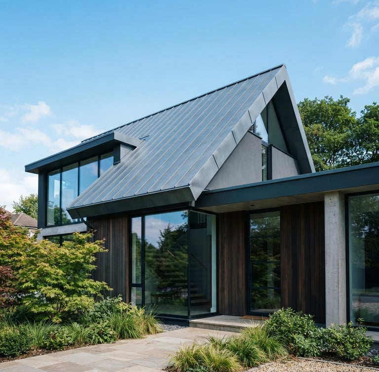 Low-angle architectural shot of a modern house with a perfectly aligned zinc metal roof, crisp daylight, rich slate grey and zinc blue tones, sharp focus, 35mm