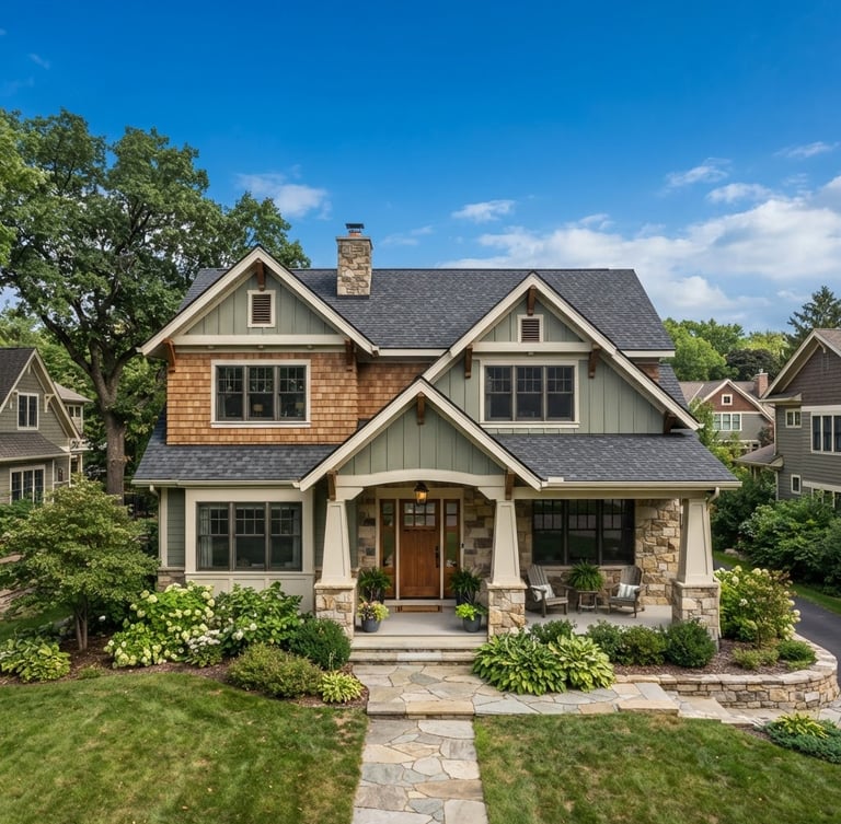 Wide architectural exterior of a modern craftsman home with a newly installed architectural shingle roof under a bright post-storm blue sky, crisp natural light.
