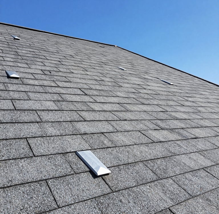Detail shot of clean, newly installed grey architectural shingles and pristine metal flashing on a modern roof, bright clear daylight, sharp focus.
