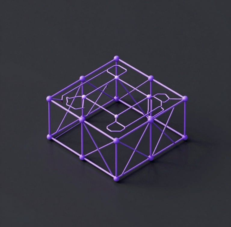 3d render, abstract geometric network infrastructure, deep charcoal background, sharp violet accents, isometric perspective, clean vector lines, high-contrast studio lighting