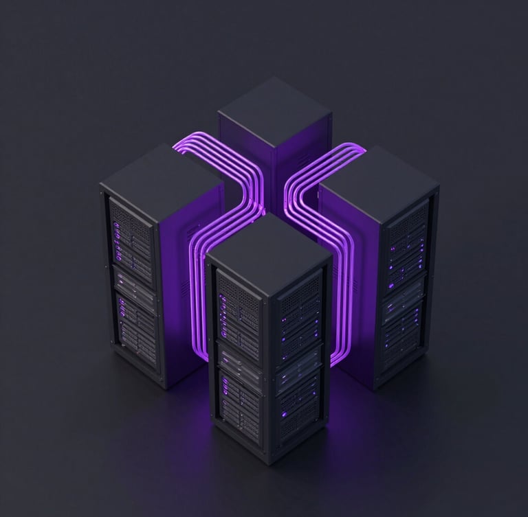 3d render of abstract geometric infrastructure, secure physical server racks connected by glowing violet fiber optic lines, dark mode, isometric perspective, clean vector lines, high-contrast studio lighting