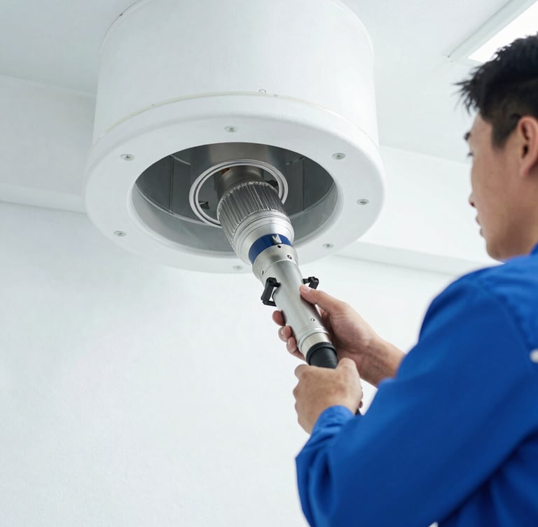 Bright daylight close-up of a professional technician in a clean uniform operating a specialized high-power vacuum hose inside a modern ventilation duct