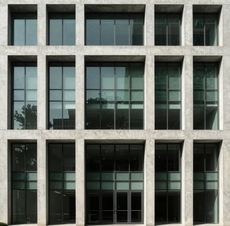Wide architectural elevation of a modern concrete and glass commercial building in Noida, harsh realistic sunlight, sharp geometric shadows, desaturated green accents, 24mm