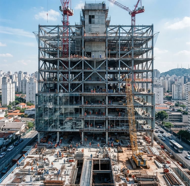 Wide environmental shot of a modern São Paulo commercial building under construction, visible structural steel frames, bright natural daylight, crisp shadows