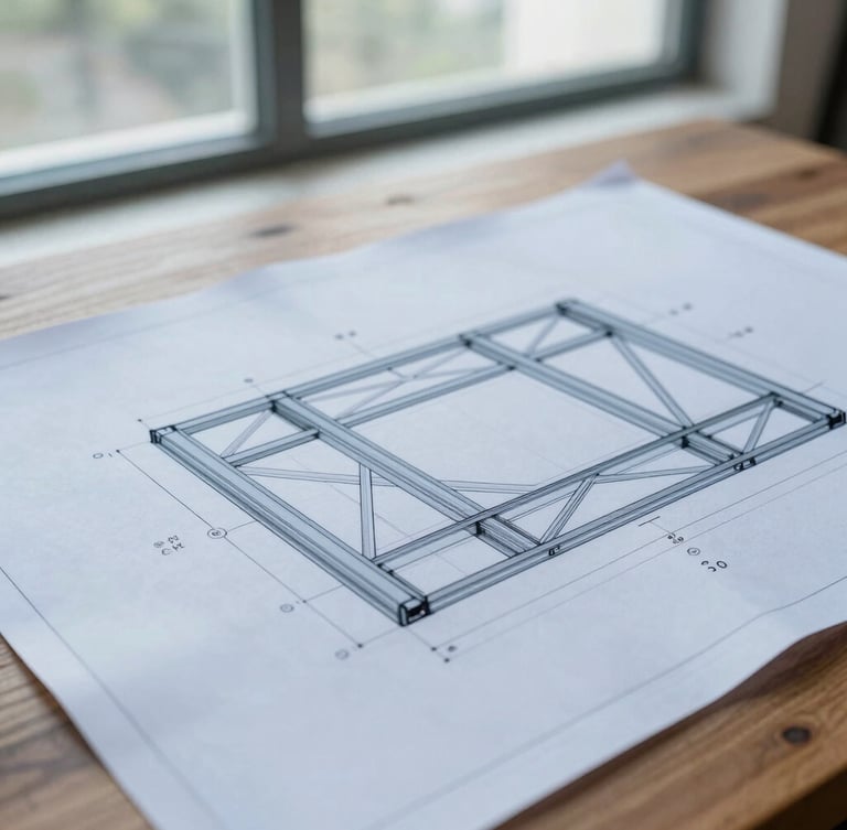 Close-up of technical blueprint drawings on a wooden desk, structural steel frames visible through a window in the background, bright natural daylight, cool blue tones.