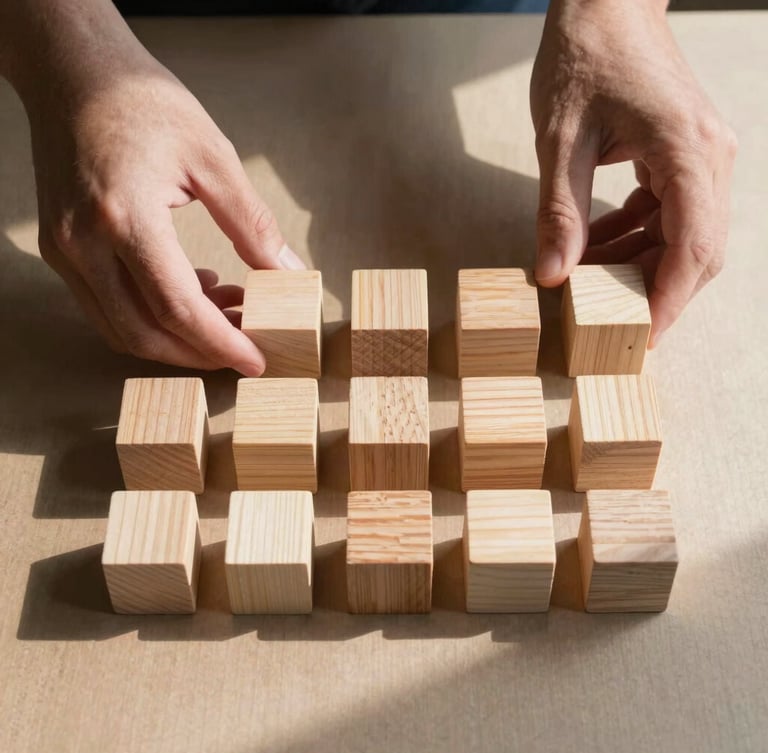 A close-up of hands arranging minimalist wooden blocks in a clean grid layout on a warm textured paper surface, soft morning shadows stretching across the frame, high-contrast and architectural.