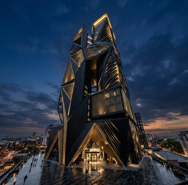 Ultra-wide shot of a monolithic, modern architectural facade at twilight, high-contrast matte black and gold tones, dramatic structural angles, low horizon, expansive sky. Architectural photography.