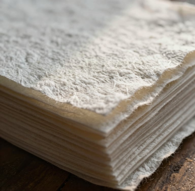 Macro close-up of heavy textured cotton paper sheets stacked in a workshop, soft natural side-light highlighting the fiber textures, editorial style