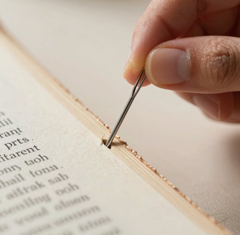 Macro close-up of artisan hands threading a thick needle through the exposed spine of a book, crisp natural light highlighting the texture of the linen thread and the fibrous paper edges, shallow depth of field.