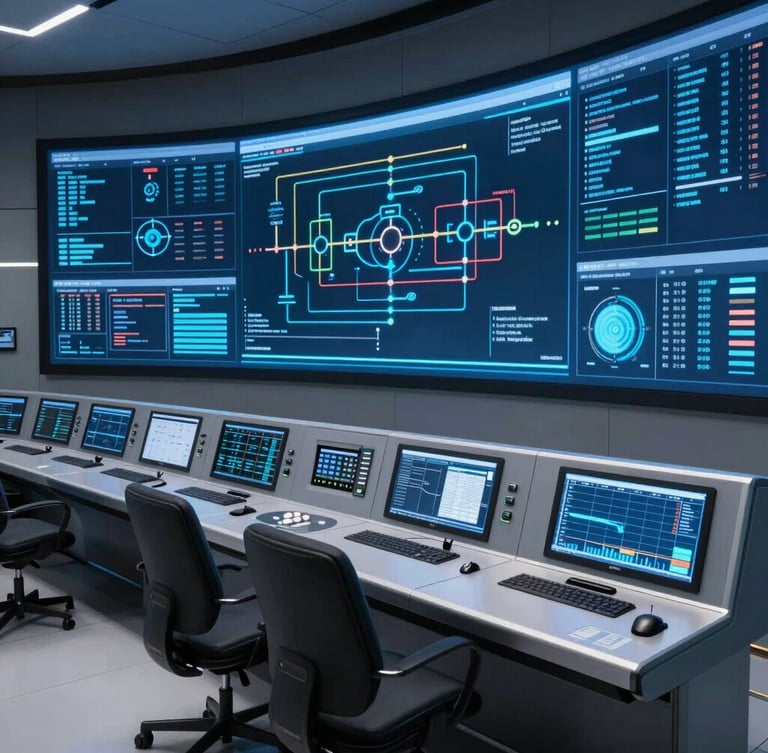 A wide panoramic perspective of an advanced algorithmic control room, glowing digital dashboards mapping project lifecycles, cool silver and electric blue luminescence