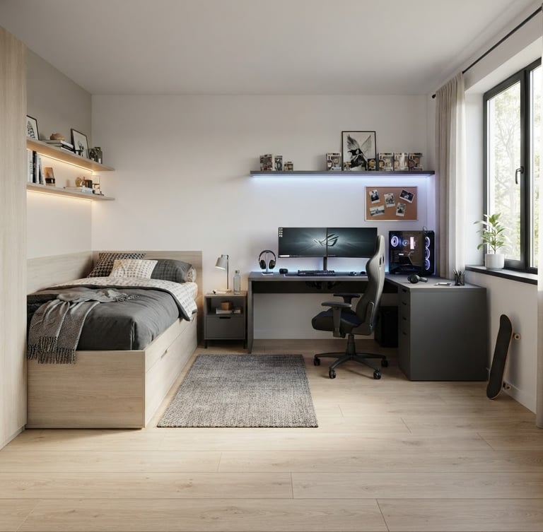 Wide shot of a modern teen bedroom, light ash wood storage bed with integrated drawers, a matte charcoal gaming desk setup with dual monitors and cable routing, natural window light, subtle LED glow from tech. Clean lines, structured layout.