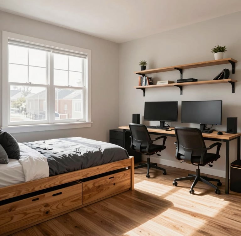 Wide-angle shot of a meticulously organized teen bedroom, featuring a storage bed, gaming desk with dual monitors, and wall-mounted shelves, bathed in bright natural window light, warm wood and charcoal tones.
