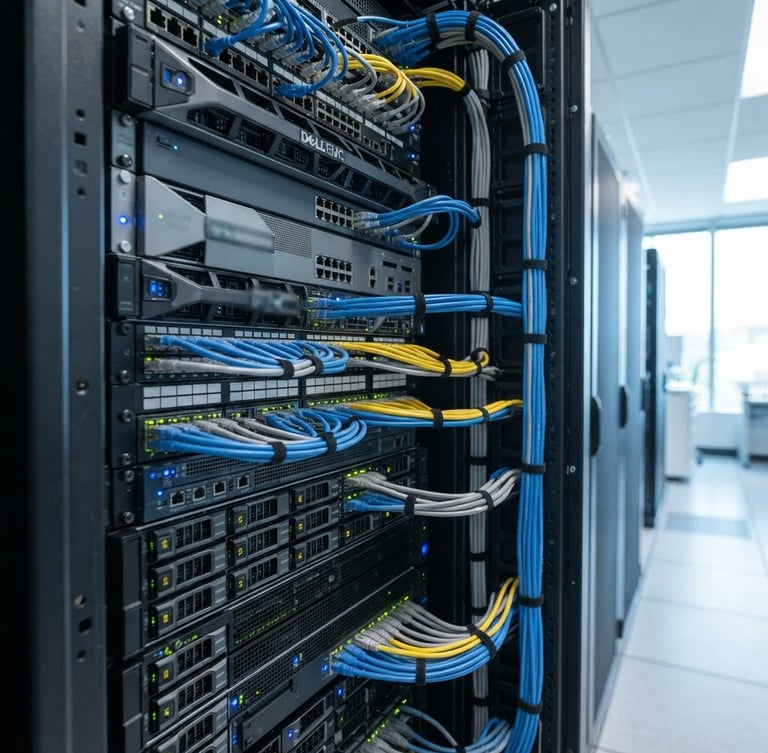 Close-up clean corporate photography of a modern server rack with organized cabling, bright natural office light, cool slate and blue tones, sharp focus, 35mm lens, viewed from a slight angle.