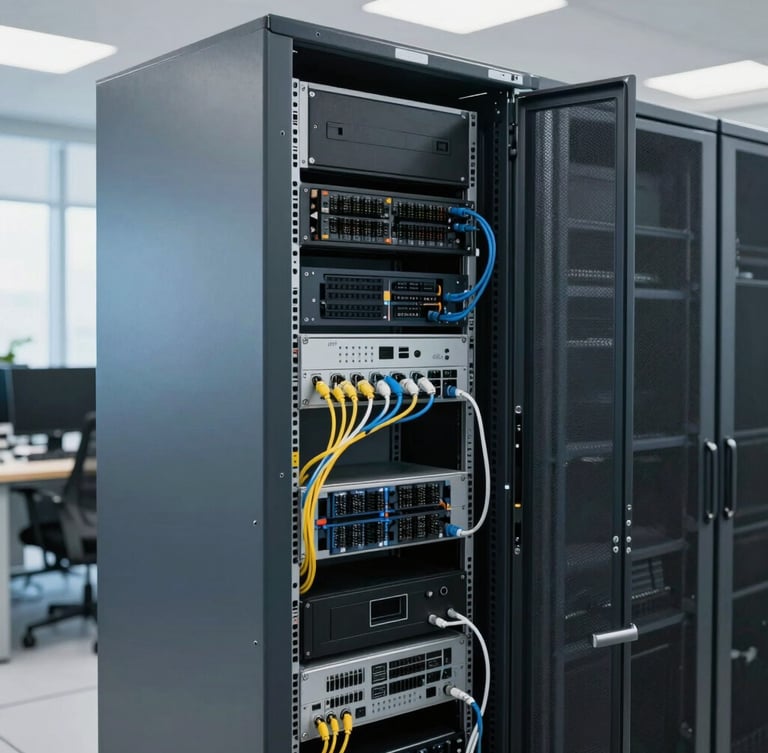 Técnico da New Work realizando manutenção de hardware em um servidor rack em um ambiente de escritório moderno, com cabos organizados e iluminação natural.