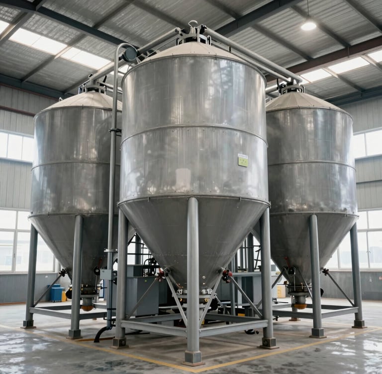 Industrial documentary photo of a modern rice parboiling facility with massive steel sorting silos, bright natural warehouse lighting, 35mm lens, sharp focus
