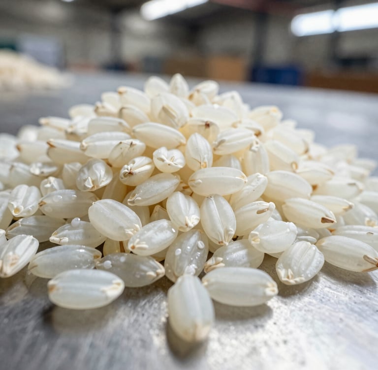Macro close-up of raw and processed Sona Masoori rice grains on a neutral steel surface, sharp focus, bright natural industrial light, 35mm lens.