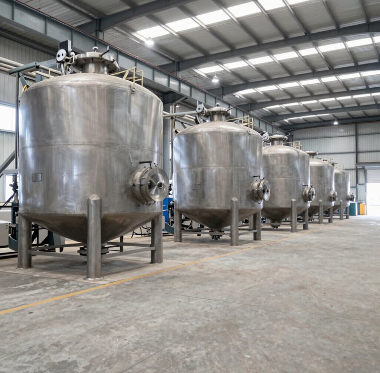 Wide-angle industrial documentary photography of a modern rice milling facility floor, bright natural warehouse lighting, massive steel parboiling tanks, clean concrete paths, 35mm lens.