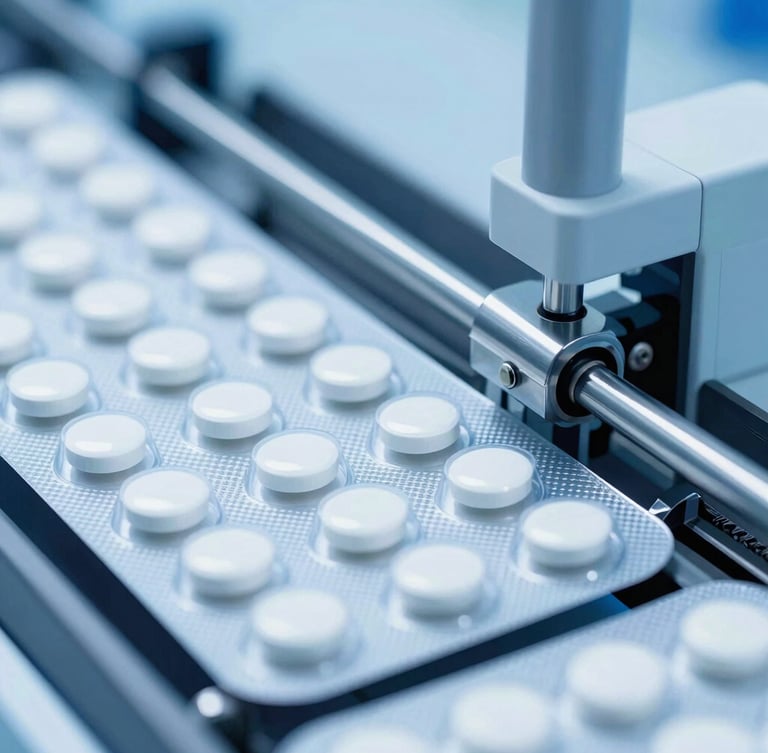 Macro shot of automated blister packaging line sealing white tablets in a sterile pharmaceutical cleanroom, bright blue-tinted laboratory light, sharp focus, 35mm