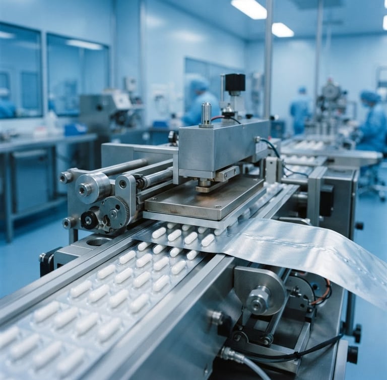 Macro shot of automated blister packaging lines sealing white capsules in a sterile, blue-tinted clinical laboratory environment, sharp focus, 35mm