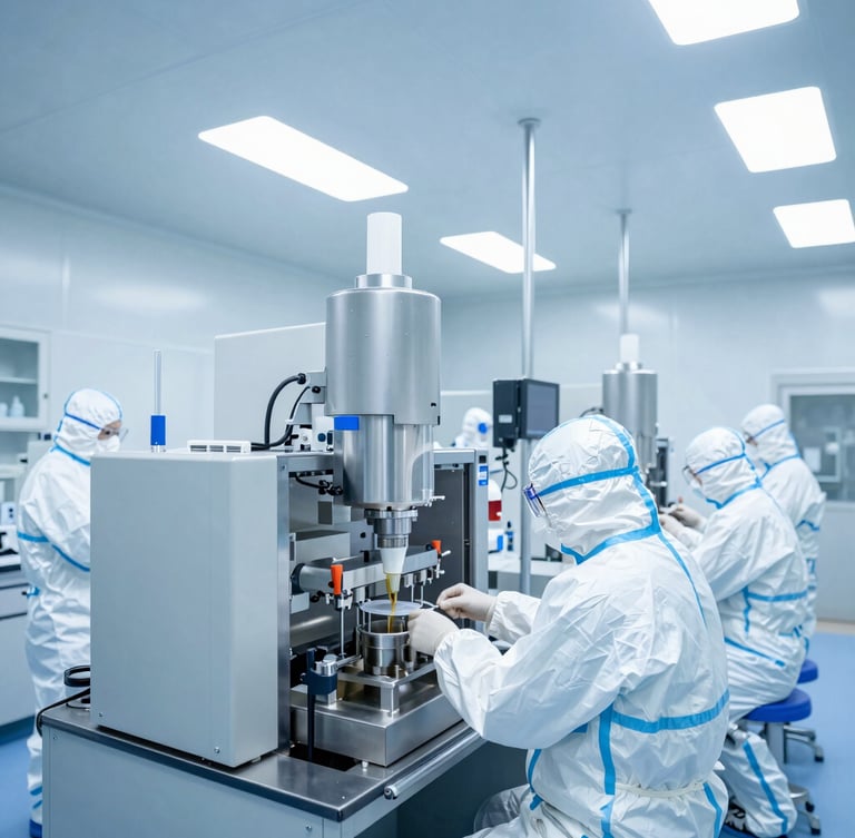 Wide-angle shot of a sterile pharmaceutical cleanroom with scientists in full protective suits operating state-of-the-art liquid filling machinery, clinical lighting, 35mm