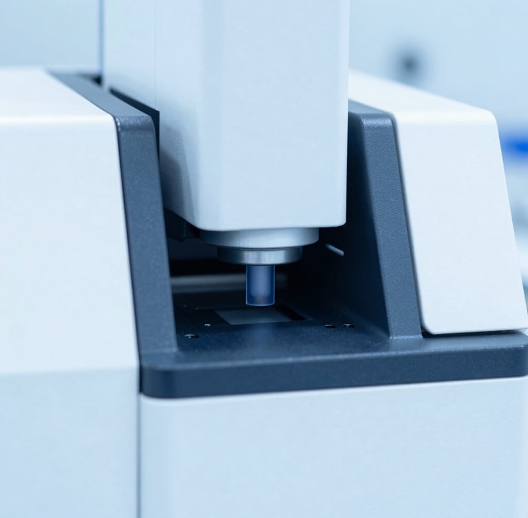 macro shot of a high-performance liquid chromatography machine in a sterile laboratory, bright clinical high-key lighting, sterile blue and white tones, sharp focus, 35mm