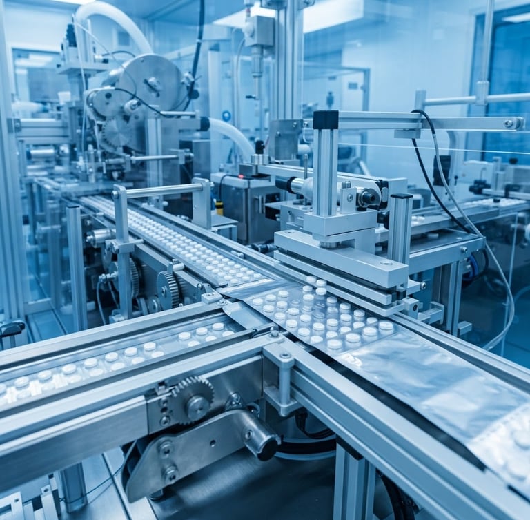 Macro shot of automated blister packaging lines under sterile blue-tinted clinical lighting, sharp focus, 35mm