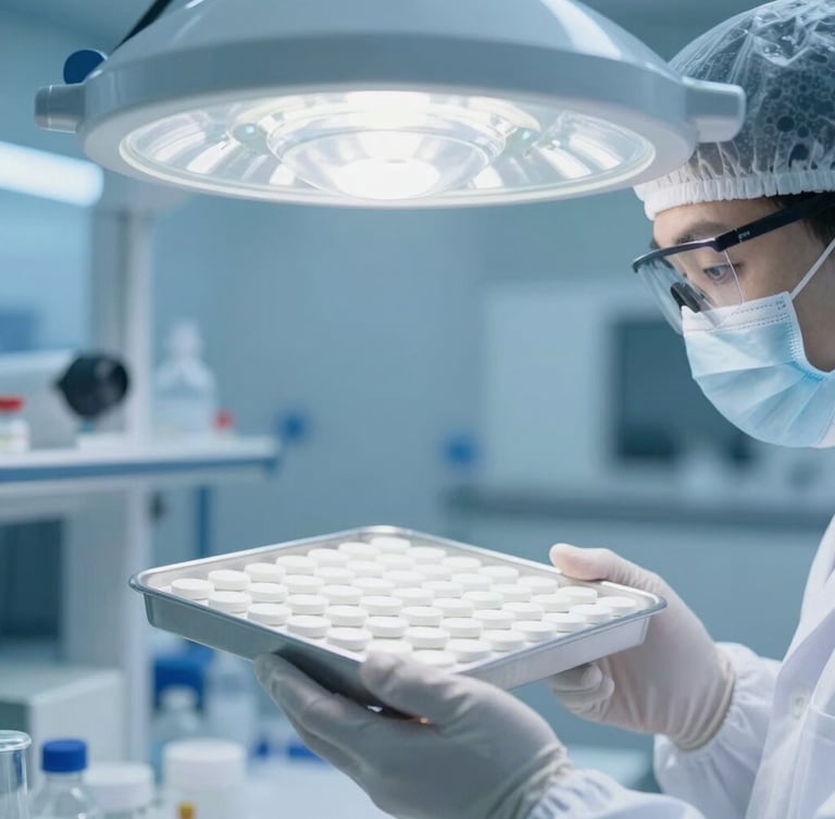 A close-up shot of a scientist in a cleanroom suit inspecting a tray of pristine white tablets under sterile blue-tinted laboratory light, sharp focus