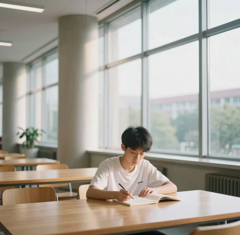 A high school student studying in a modern university library with large glass windows, soft morning daylight illuminating architectural concrete pillars, clean wooden desk, editorial photography, 35mm.