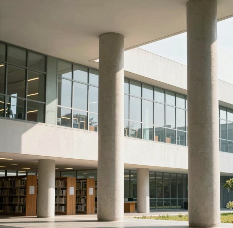 An architectural angle of a modern university library with concrete pillars and soft morning sun streaming through glass facades.