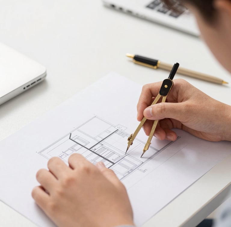 A close-up editorial photograph of a student's hands drawing a precise architectural diagram on a clean desk, soft gold compass tool, bright natural daylight, 35mm