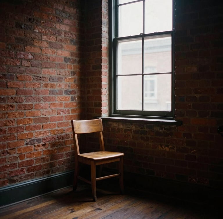 A quiet, empty corner of an old brick storefront church, a single wooden chair cast in deep shadows by soft overcast daylight streaming through a dusty window, 35mm