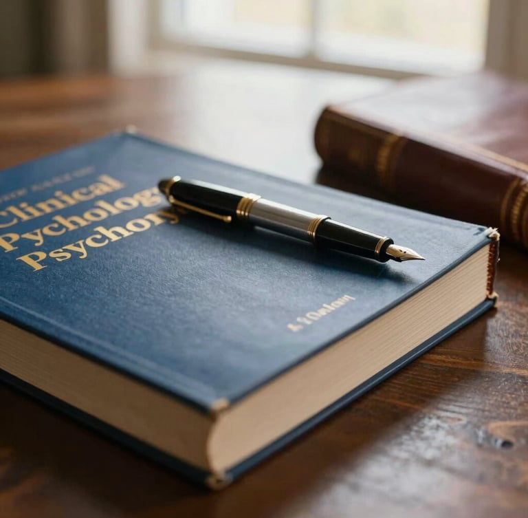 Close-up of clinical psychology journals, a vintage fountain pen, and leather-bound books on a dark wooden desk, soft warm window light, 35mm