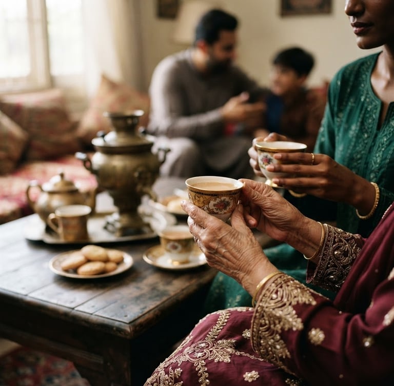 Warm editorial photography of a Pakistani family tea setting, hands holding traditional tea cups, subtle gold embroidery on fabric, soft natural daylight, shallow depth of field, elegant and respectful.