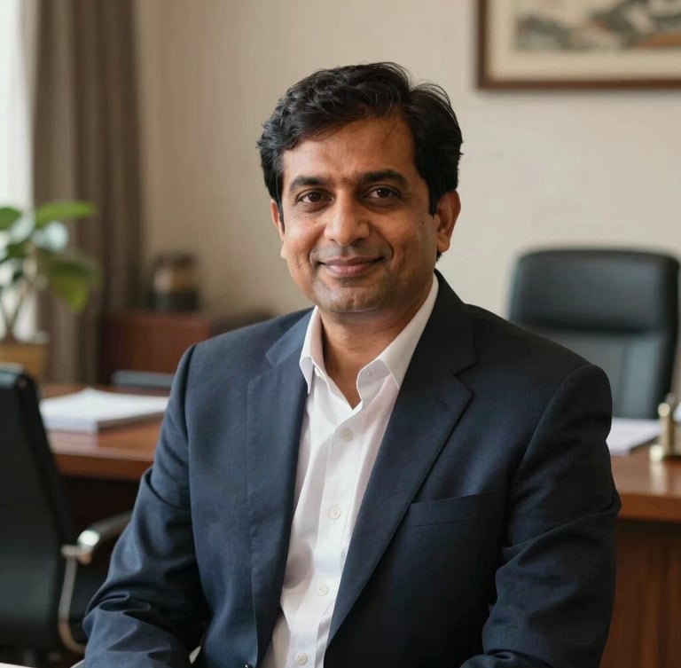 Professional, warm portrait of a Pakistani consultant, smiling gently, in a well-appointed, softly lit office, warm editorial photography, soft natural daylight, rich deep tones, shallow depth of field.
