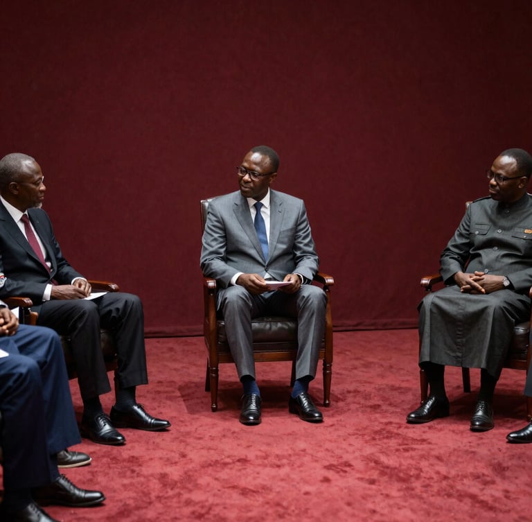 Sober editorial photography of a high-level diplomatic summit in West Africa, dramatic natural light, deep crimson and charcoal tones, 35mm
