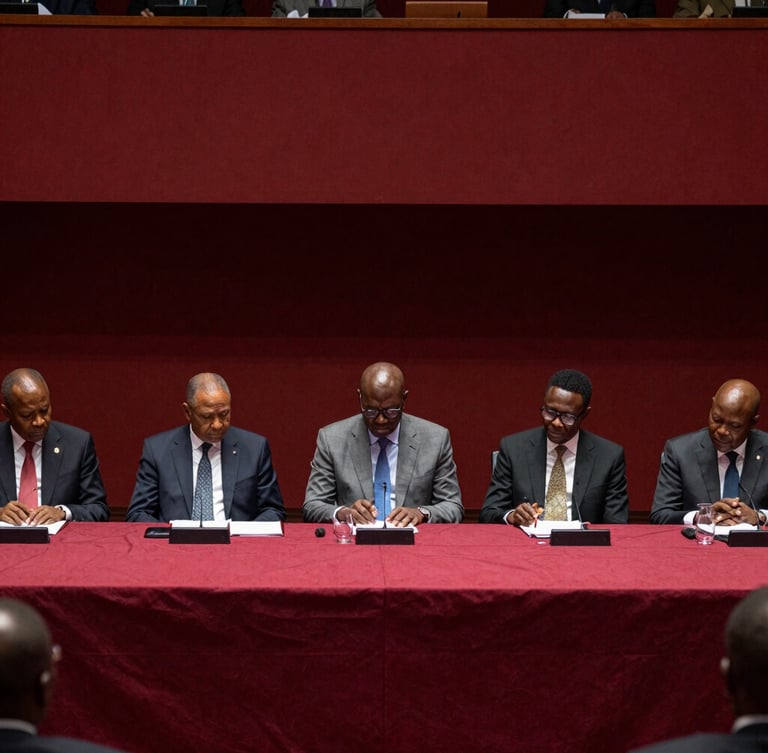 Sober editorial photography of a high-level diplomatic summit in West Africa, low-key indoor lighting, deep crimson and charcoal tones, dramatic documentary style, 35mm
