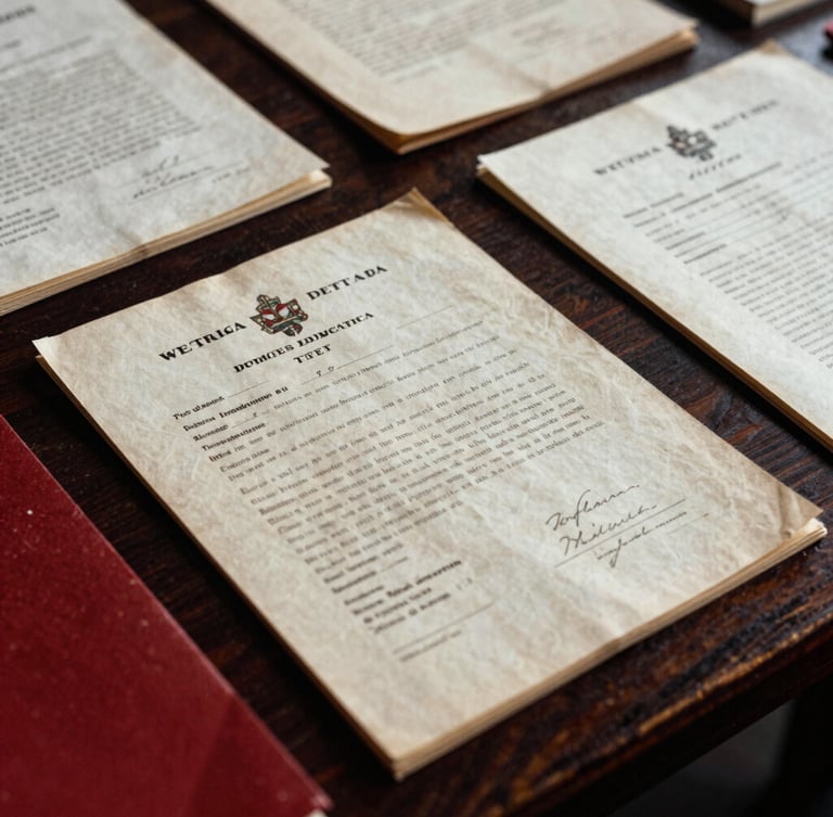Close-up of historical West African diplomatic treaty documents on a dark wooden table, soft natural side light, dramatic high-contrast documentary style, 35mm