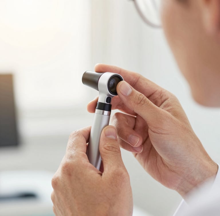 Close-up of a professional audiologist gently examining a patient's ear with a modern otoscope, warm natural lighting, shallow depth of field