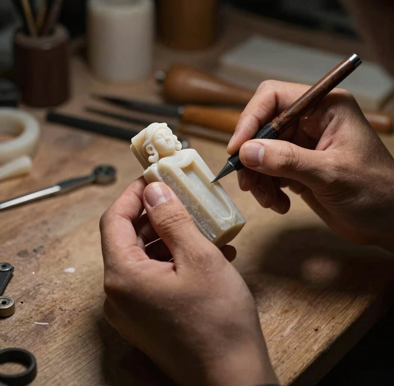 Hands of an artisan carving a wax model for a jewelry piece, workshop background with tools, warm moody lighting, dramatic shadows