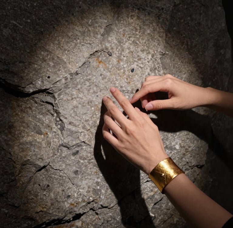 Fine art jewelry photography of hands with expressive gestures interacting with a heavy gold textured cuff, raw stone background, dramatic side spotlight, Hasselblad 80mm