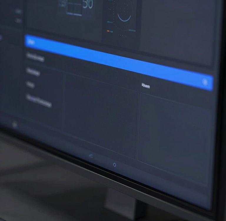 Sleek macro shot of a high-end digital interface on a monitor, cool-toned studio lighting, deep charcoal and electric blue accents, sharp focus, 35mm.