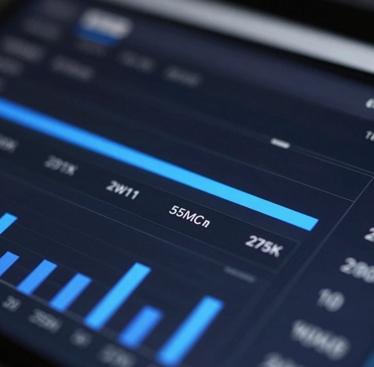 Macro close-up of a sleek digital interface displaying analytics on a dark screen, cool-toned studio lighting, sharp electric blue accents, 35mm photography