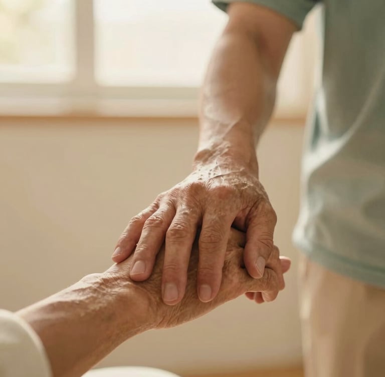 Close-up of a caregiver's hand gently resting on an older adult's hand, warm golden hour lighting, soft cream background, highly respectful and tender atmosphere