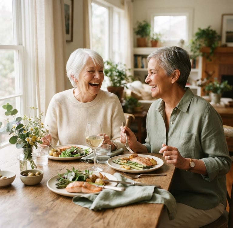 Warm editorial photography of two residents laughing over a beautifully plated lunch, soft natural window light, gentle cream and sage tones, shallow depth of field, 35mm.